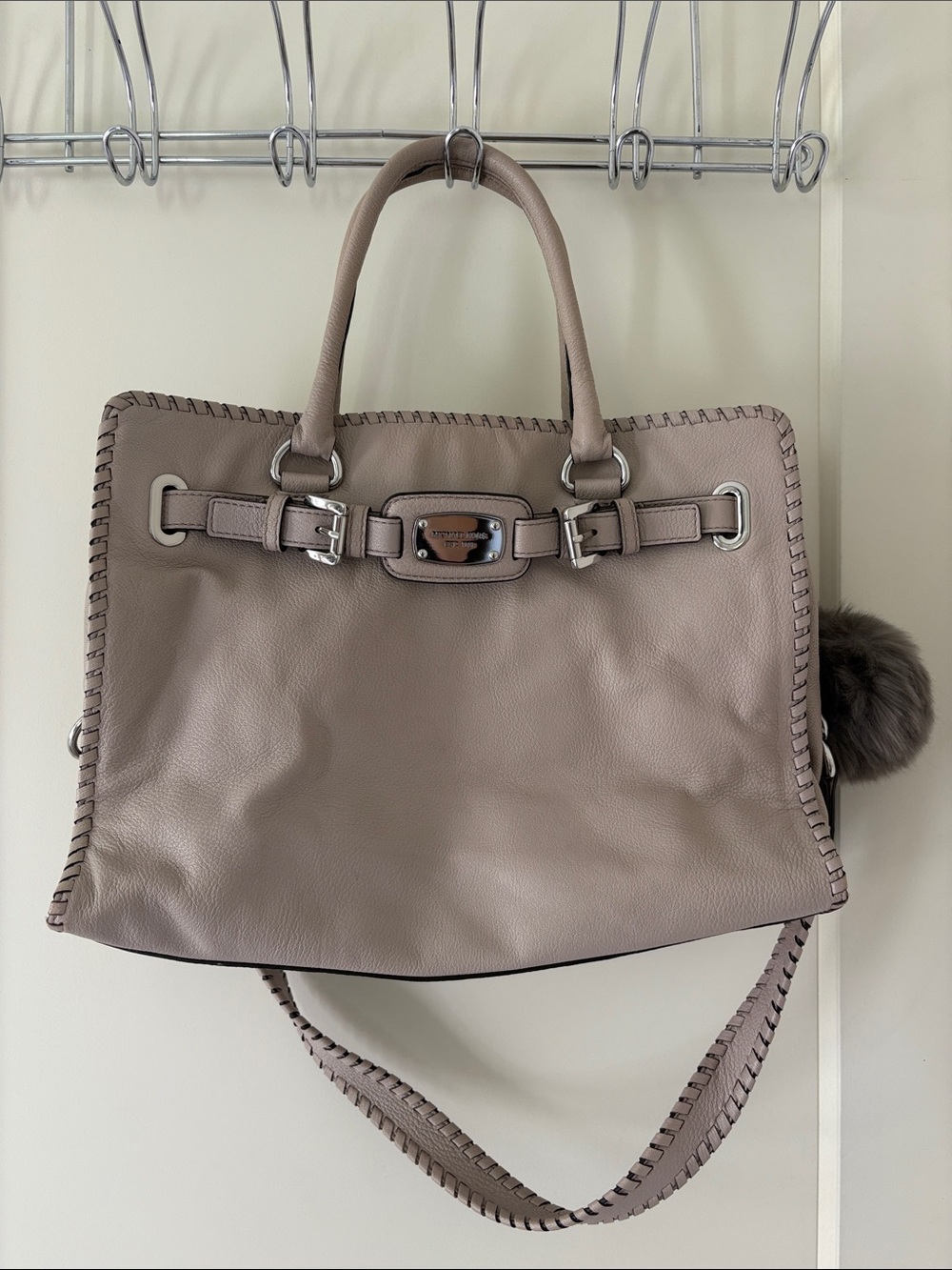 Michael Kors Taupe Whipstitched Leather Satchel with Silver Hardware